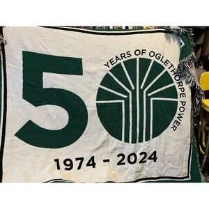 Oglethorpe Power 50th Anniversary Woven Throw Blanket 1974-2024 Green White Logo